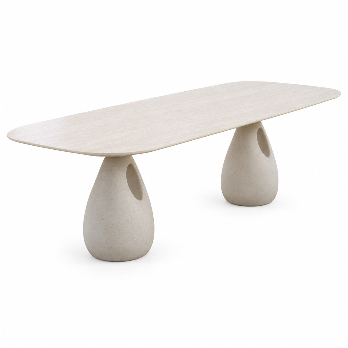 Angled view of the ALMA oval outdoor dining table with softly rounded tabletop
