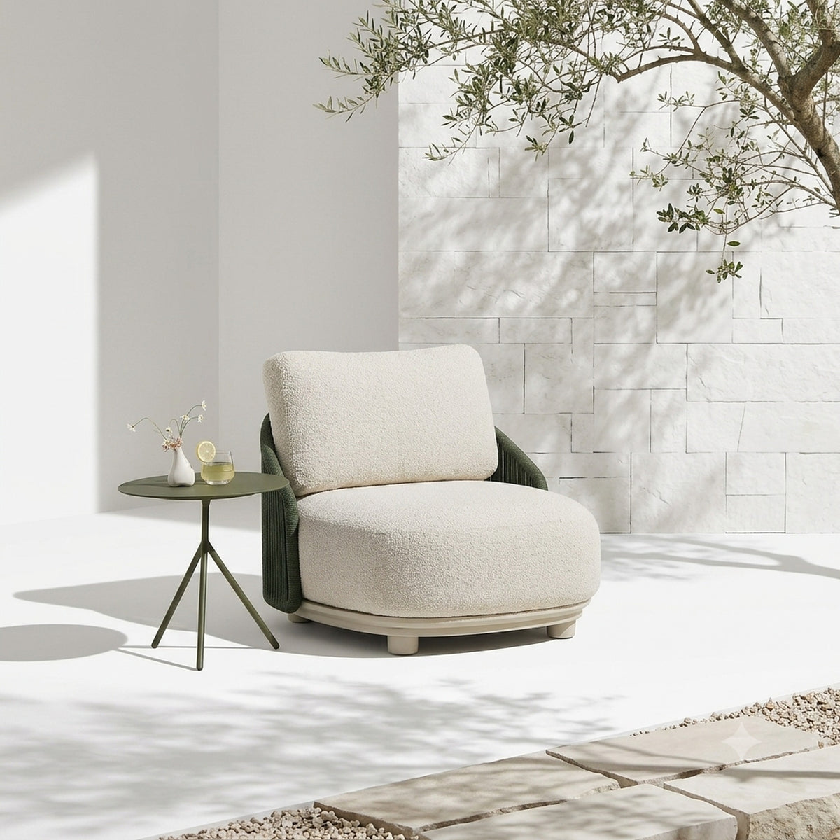 ORBIT Rope Outdoor Lounge Chair with Sherpa Cushion – Green & Cream