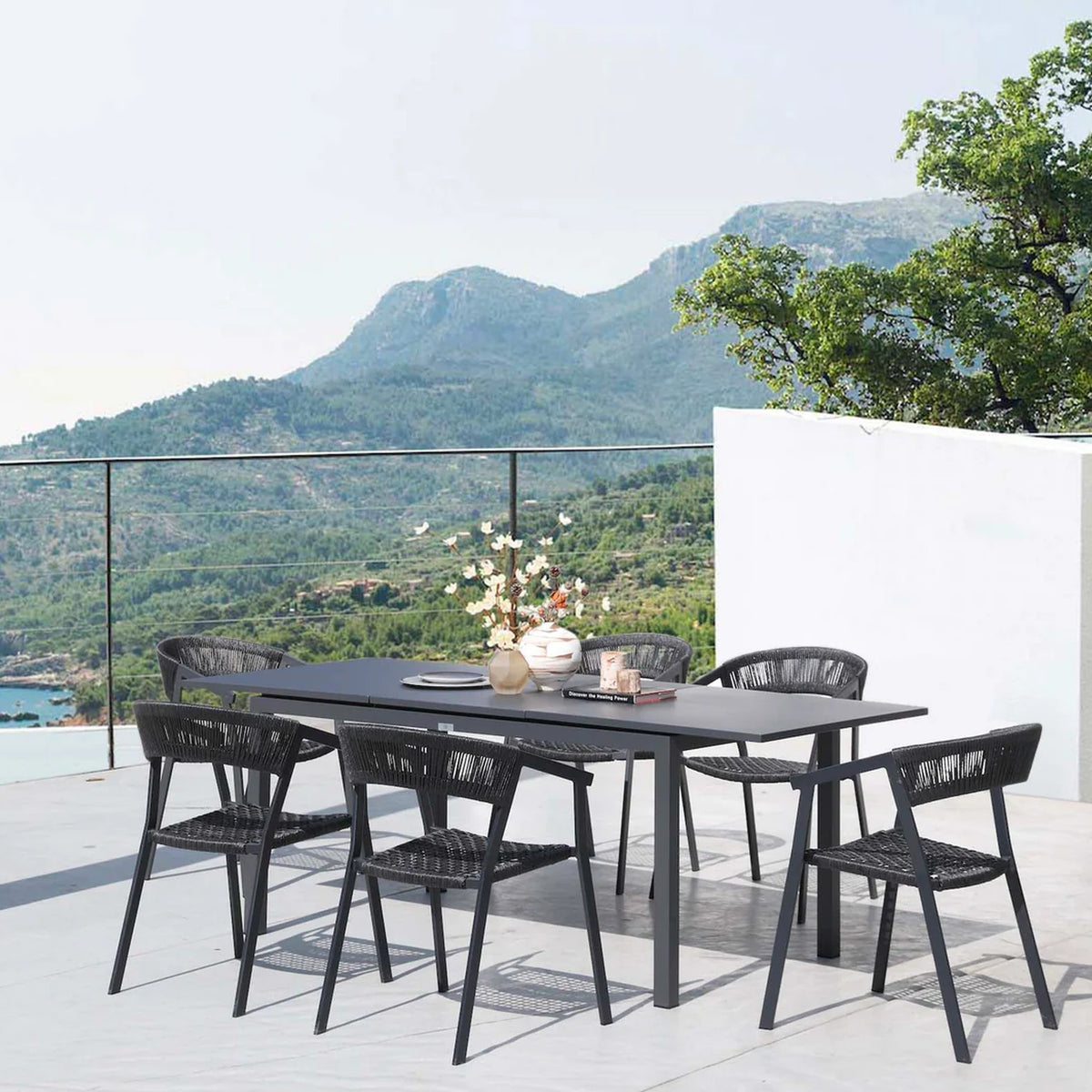 6-Seater Aluminium & Rope Outdoor Dining Set – Charcoal
