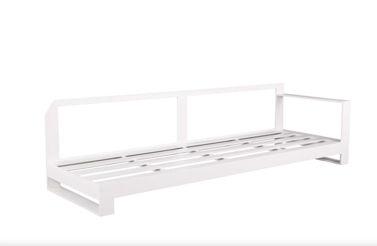 Detail of the white outdoor sofa frame, arm, and cushion