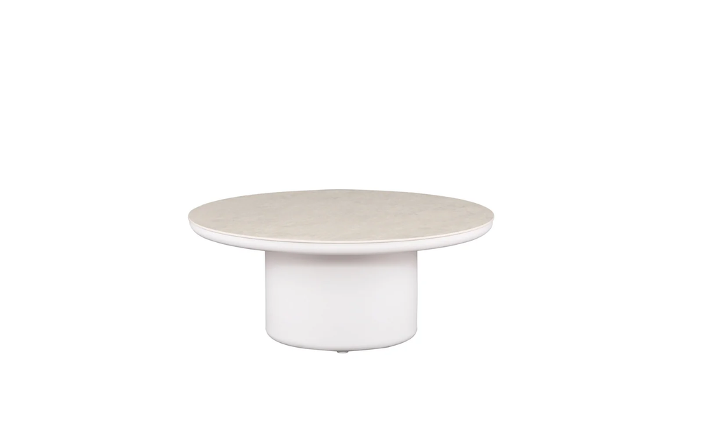 White round outdoor coffee table with sculptural base