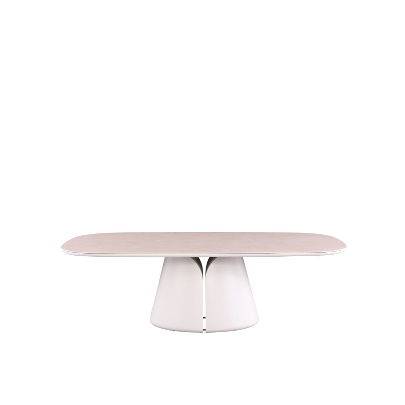 Front view of the ALMA oval outdoor dining table with sculptural pedestal base