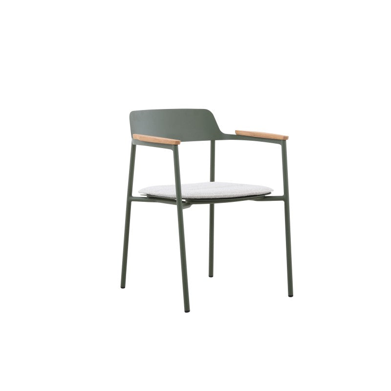 Angled view of the AURORA dark green outdoor dining armchair with teak arms