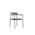 Angled view of the AURORA brown outdoor dining armchair with teak arms