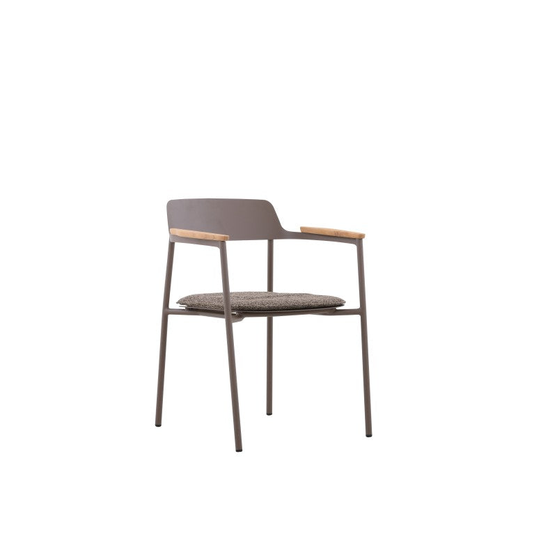 Angled view of the AURORA brown outdoor dining armchair with teak arms