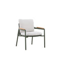 Angled view of the AURORA dark green outdoor lounge chair with teak arms and cushions