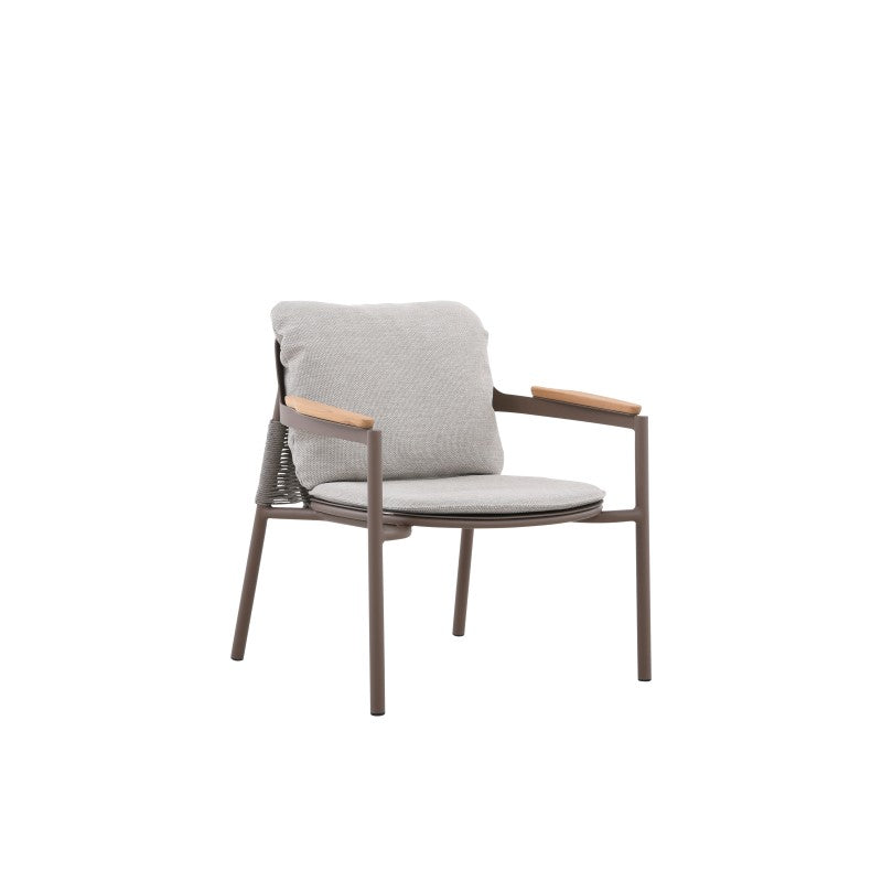 Angled view of the AURORA taupe outdoor dining chair with teak arms and cushions
