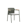 Rear view of the AURORA dark green woven outdoor dining chair with teak arms