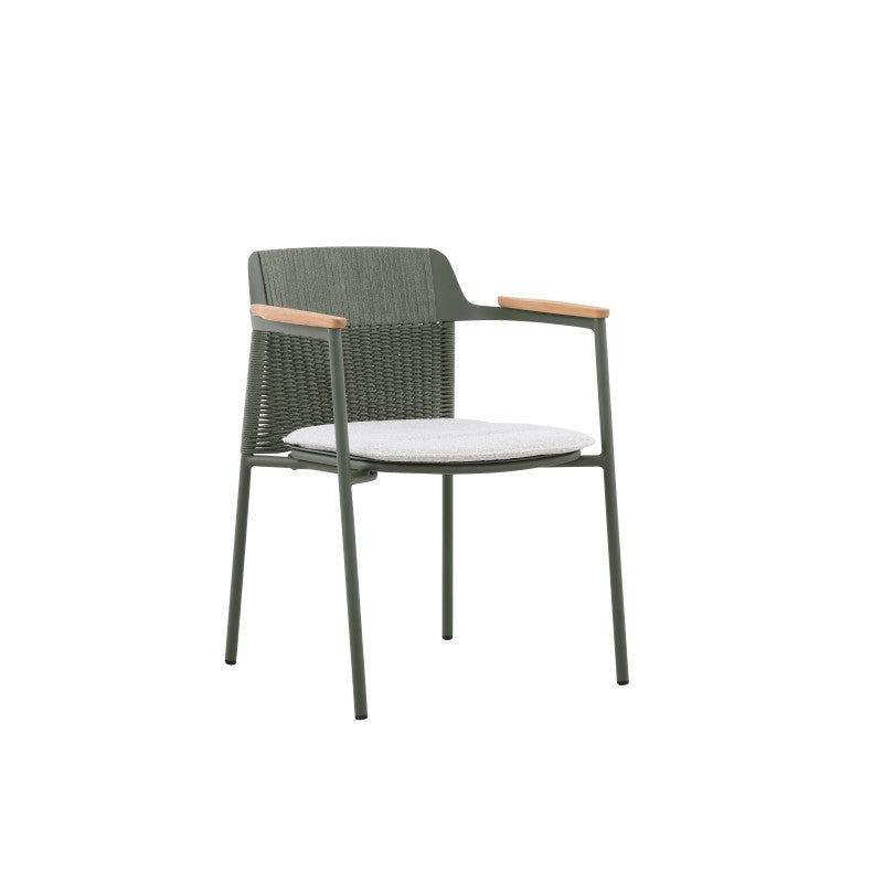 Rear view of the AURORA dark green woven outdoor dining chair with teak arms