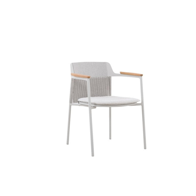 Rear view of the AURORA light grey woven outdoor dining chair with teak arms