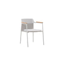 Rear view of the AURORA light grey woven outdoor dining chair with teak arms