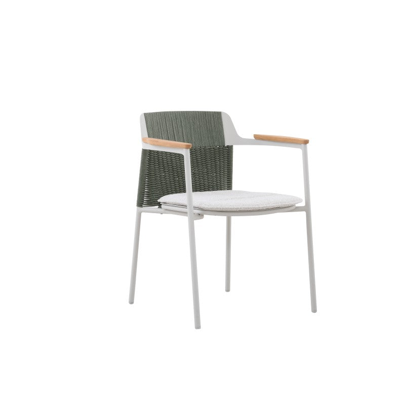 Side view of the AURORA light grey outdoor dining chair with green woven back and teak arms