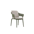 Front view of the BOSSA olive green woven outdoor dining armchair with light cushions
