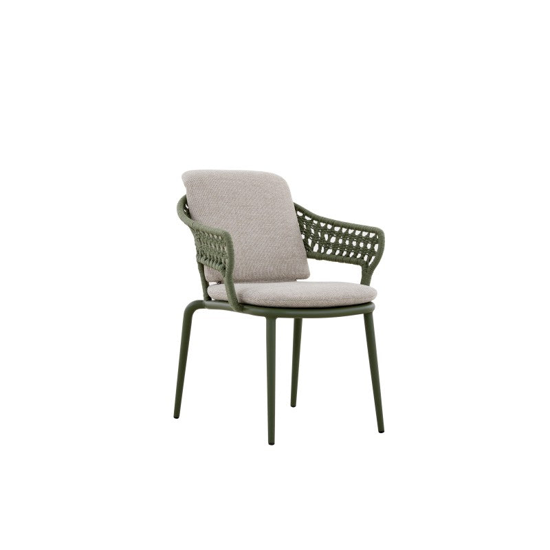 Front view of the BOSSA olive green woven outdoor dining armchair with light cushions
