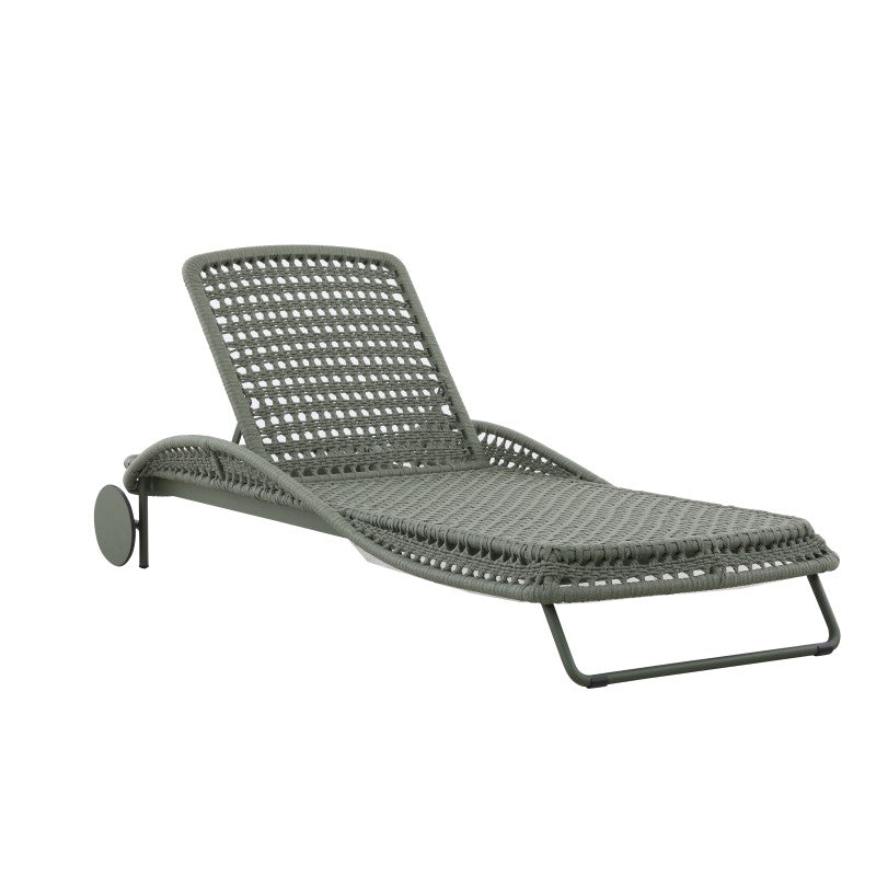 Side view of the BOSSA wheeled outdoor sun lounger with woven rope frame