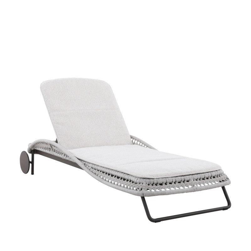 Close-up of the BOSSA beige wheeled outdoor sun lounger woven rope and wheel