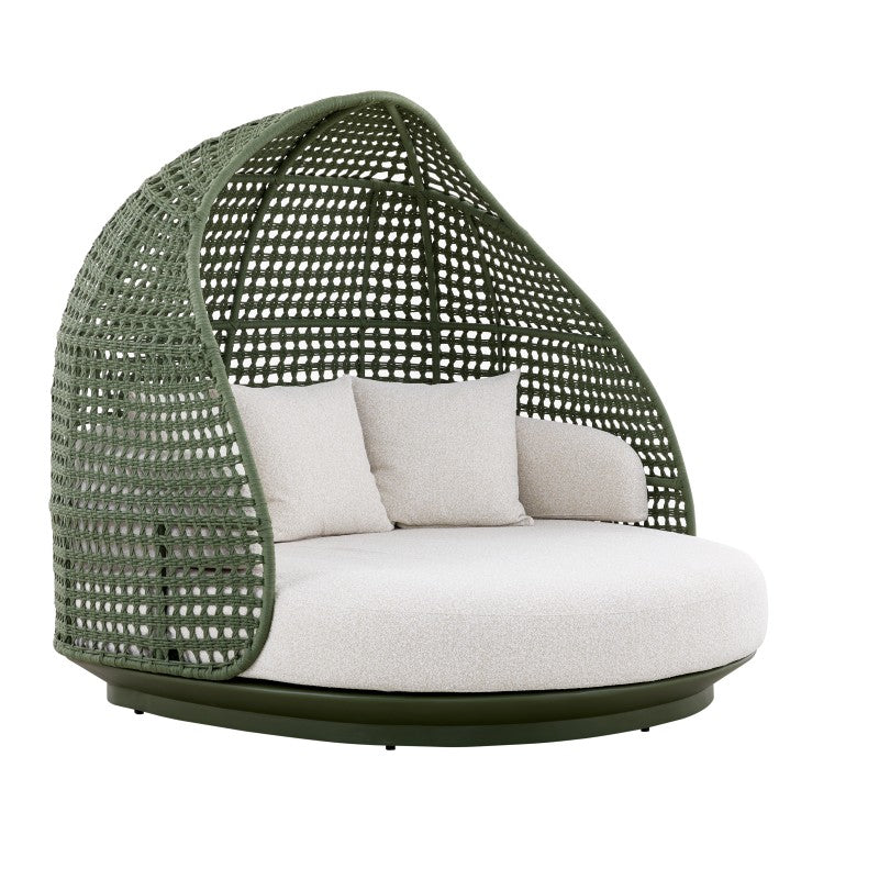 Front view of the BOSSA outdoor cocoon chair with woven shell and light cushion
