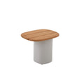Angled view of the COCOON teak outdoor side table with slatted tabletop and cylindrical base