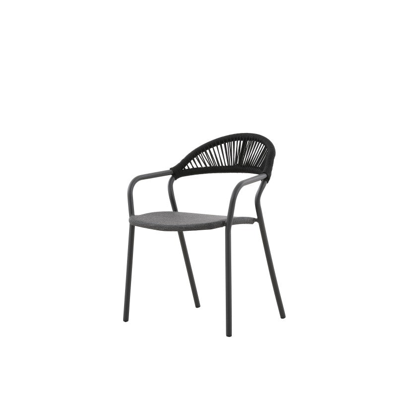 Side view of the FANO black woven outdoor dining armchair