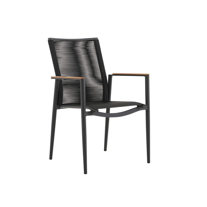 Angled view of the FANO black woven outdoor dining armchair with teak arms