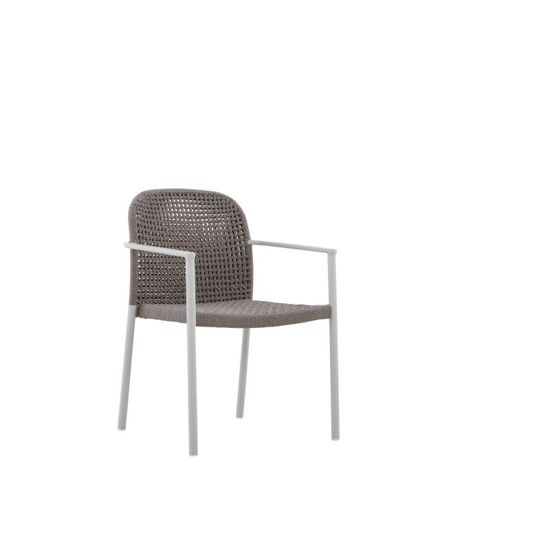 Detail of the FANO grey woven outdoor dining armchair with white frame