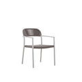 Angled view of the FANO grey rope-woven outdoor dining armchair with white frame