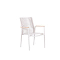 Angled view of the FANO white rope-woven outdoor dining armchair with teak arms