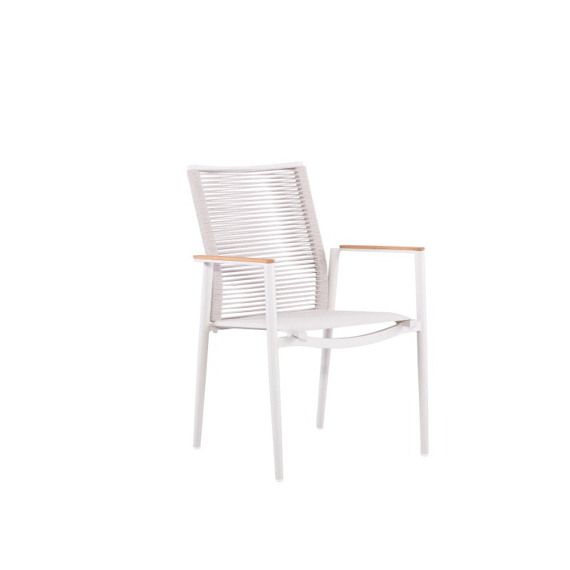 Angled view of the FANO white rope-woven outdoor dining armchair with teak arms