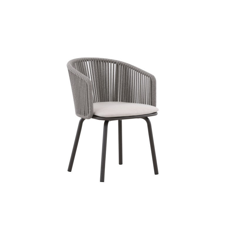 Angled view of the LA TOUR grey rope-woven outdoor dining armchair with light seat cushion