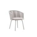 Angled view of the LA TOUR white rope-woven outdoor dining armchair with light seat cushion