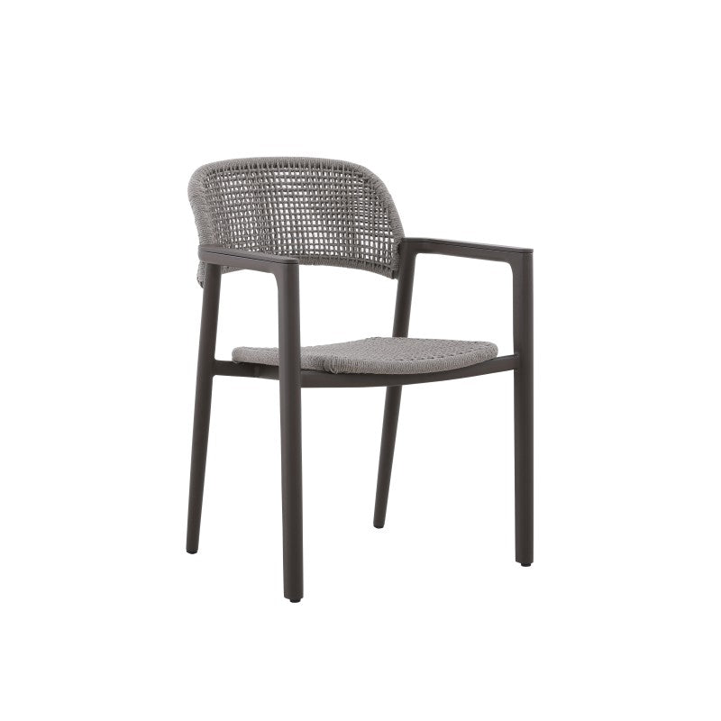 Angled view of the LA TOUR black woven outdoor dining armchair with grey woven seat