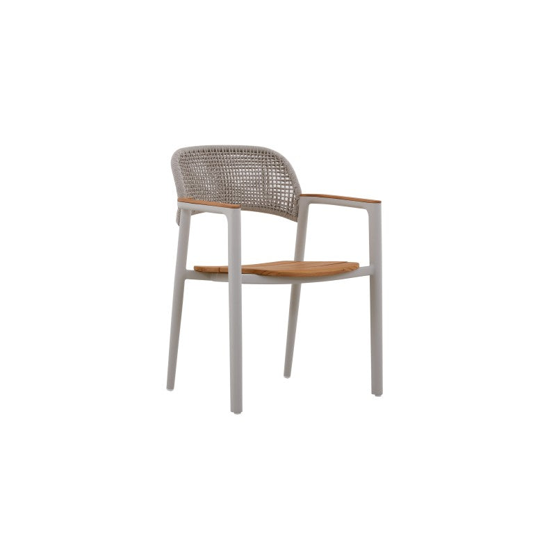 Front view of the LA TOUR white woven outdoor dining armchair with teak seat and arms