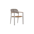 Front view of the LA TOUR white woven outdoor dining armchair with teak seat and arms