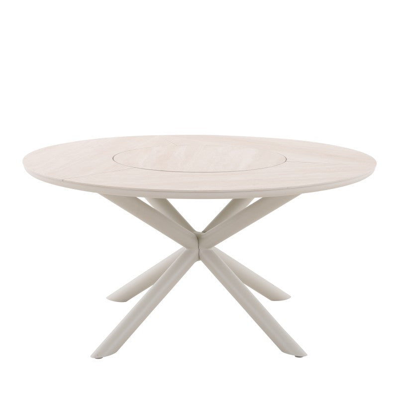 Front view of the LOOP round outdoor dining table with crossed pedestal base