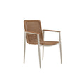 Rear view of the MARINE natural brown woven outdoor dining armchair with teak arms