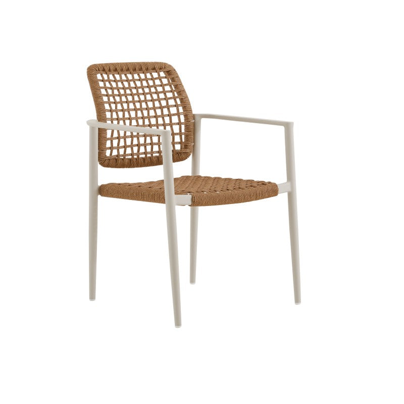 Stacked MARINE natural brown woven outdoor dining armchairs with light frames