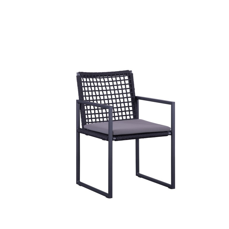 Angled view of the SUNRISE black rope-woven outdoor dining armchair with light cushion
