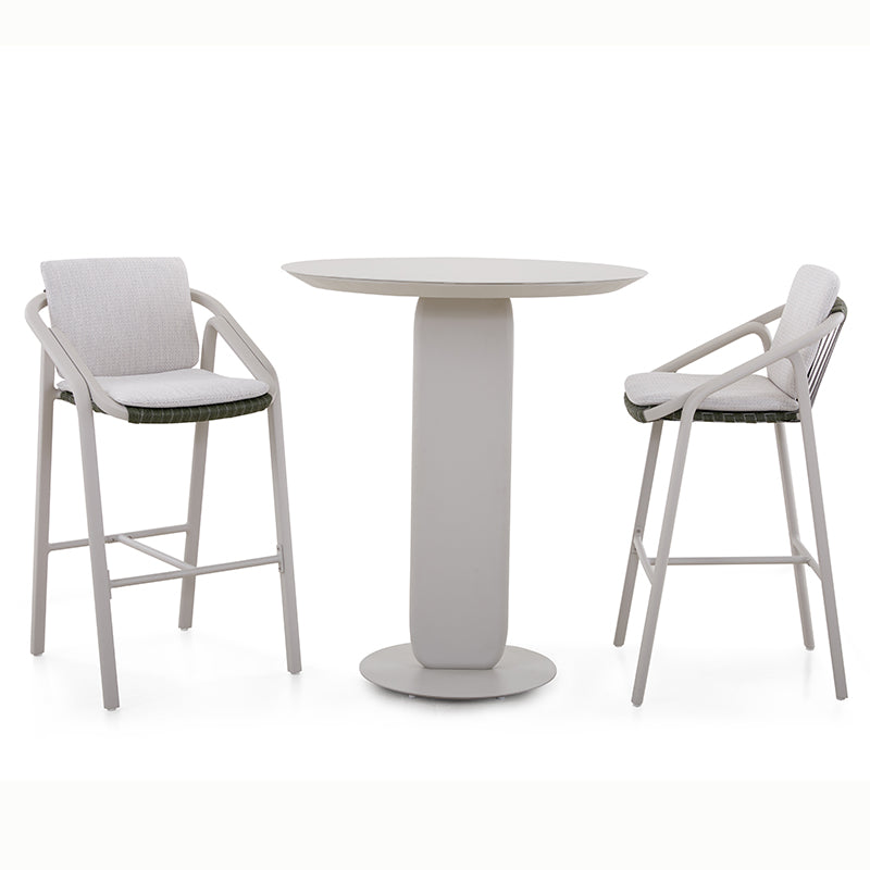 VENTO outdoor bar table styled with two outdoor bar stools