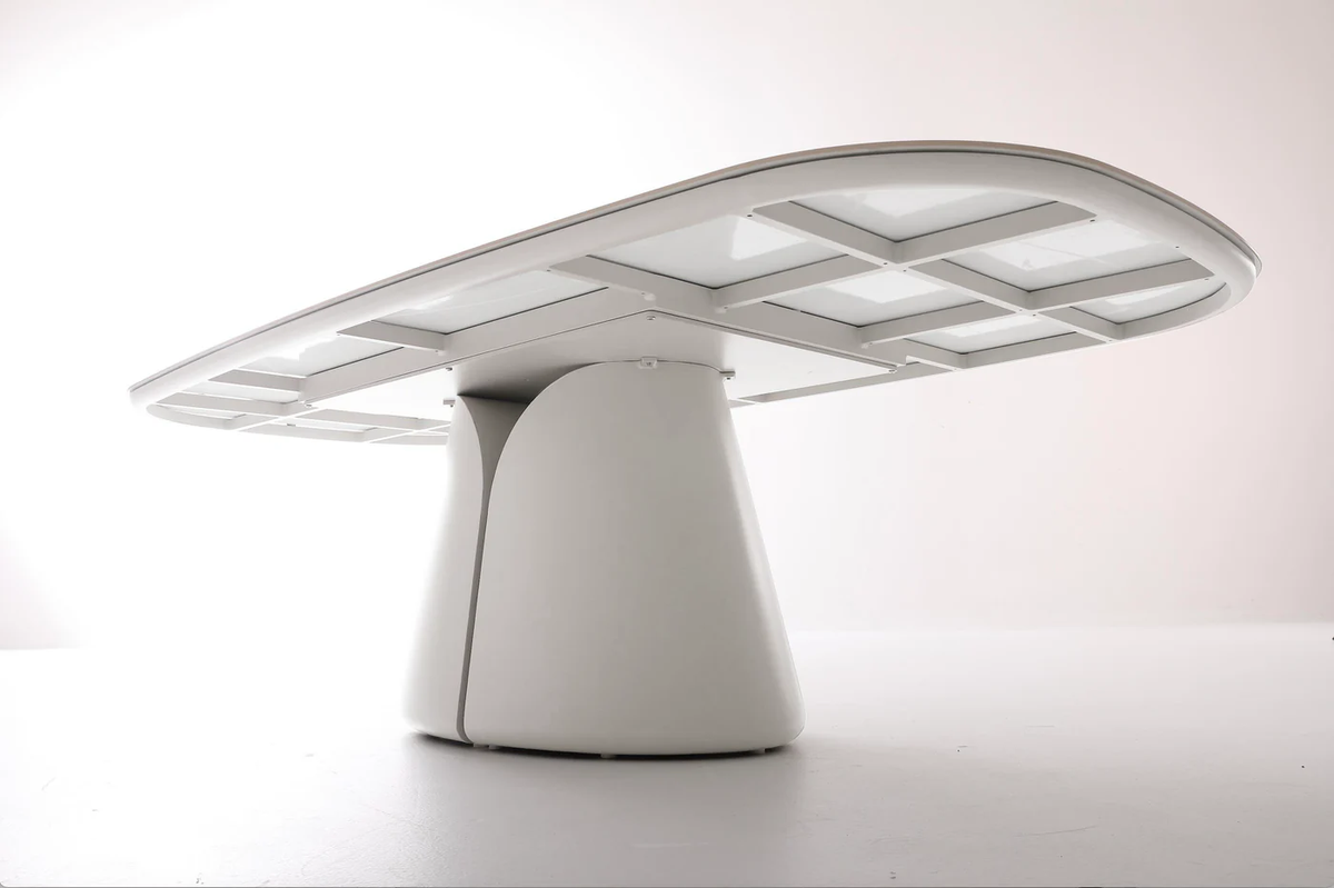 Front view of the ALMA white outdoor dining set with light woven armchairs