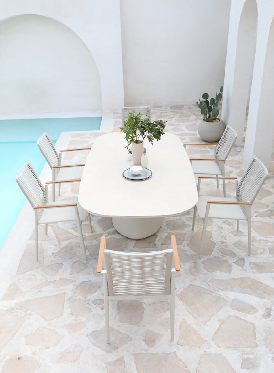 Underside view of the ALMA white outdoor dining table with sculptural pedestal base