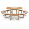Front view of the ALMA round outdoor dining set with curved bench seating