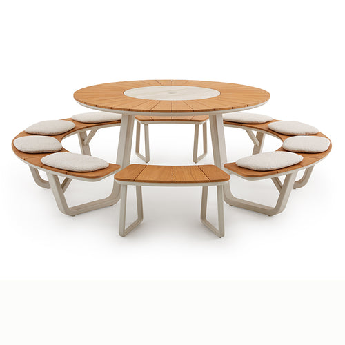 Front view of the ALMA round outdoor dining set with curved bench seating