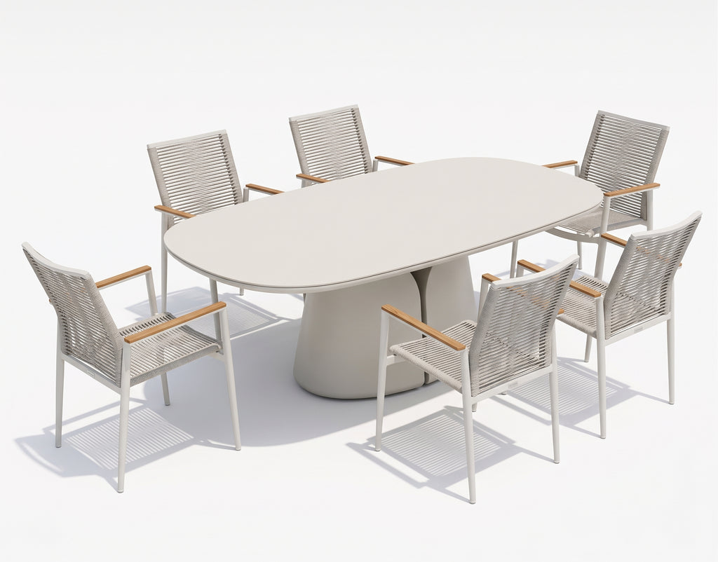 ALMA white outdoor dining set with a sculptural table and light woven armchairs