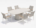 ALMA white outdoor dining set with a sculptural table and light woven armchairs