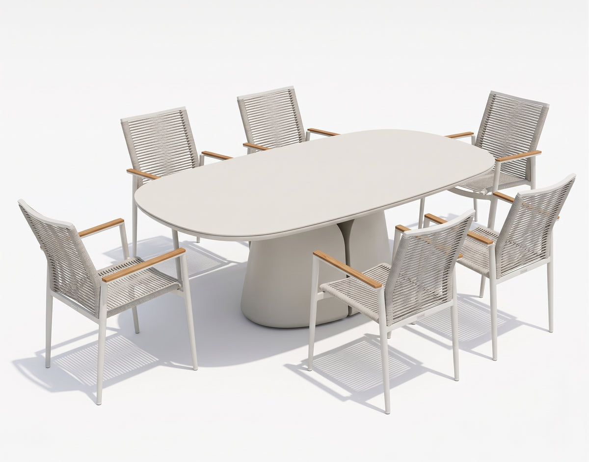 ALMA white outdoor dining set with a sculptural table and light woven armchairs