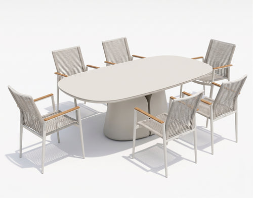 ALMA white outdoor dining set with a sculptural table and light woven armchairs
