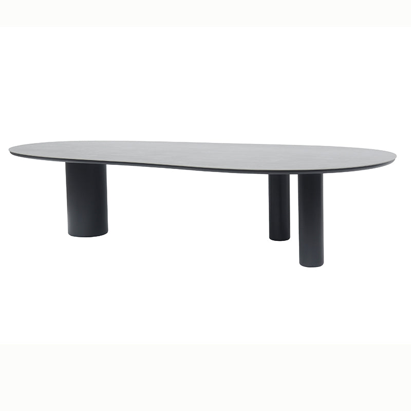 Side view of the AMICO outdoor table showing its curved tabletop edge