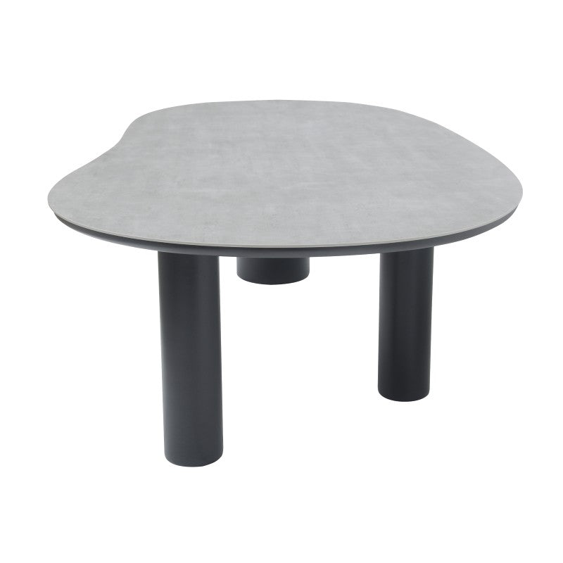 Front view of the AMICO sculptural outdoor table with organic tabletop and cylindrical legs