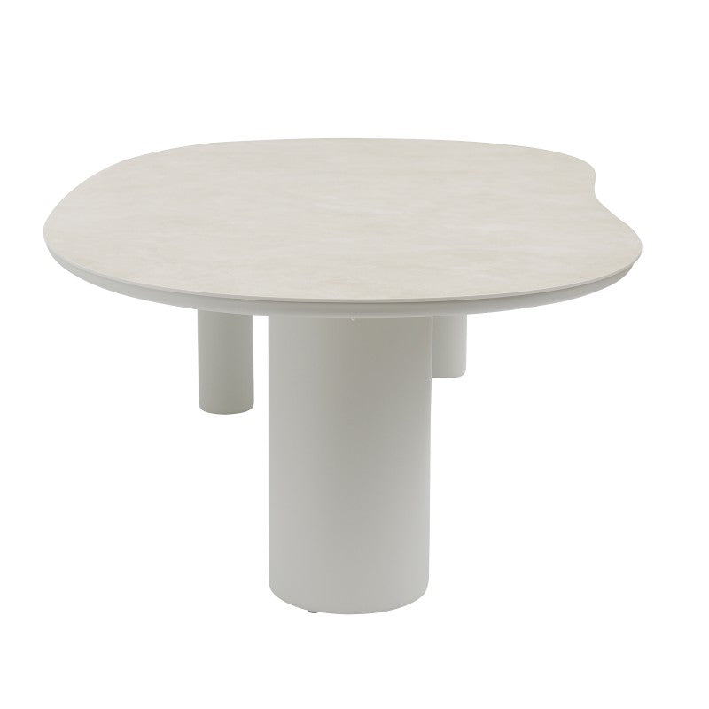 Detail of the AMICO outdoor table light finish and curved tabletop edge