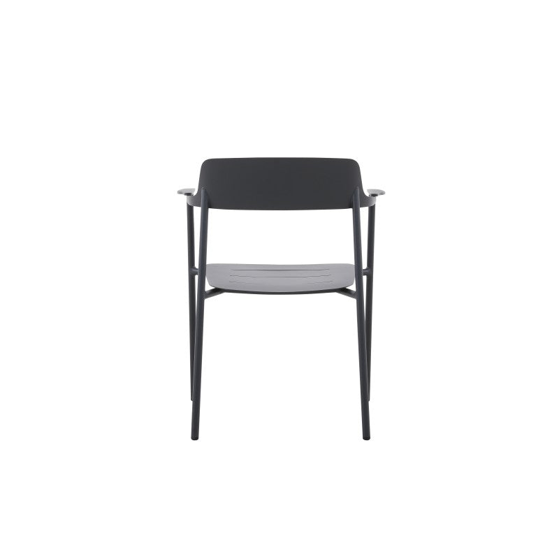 Front view of the AURORA black outdoor dining armchair with textured seat